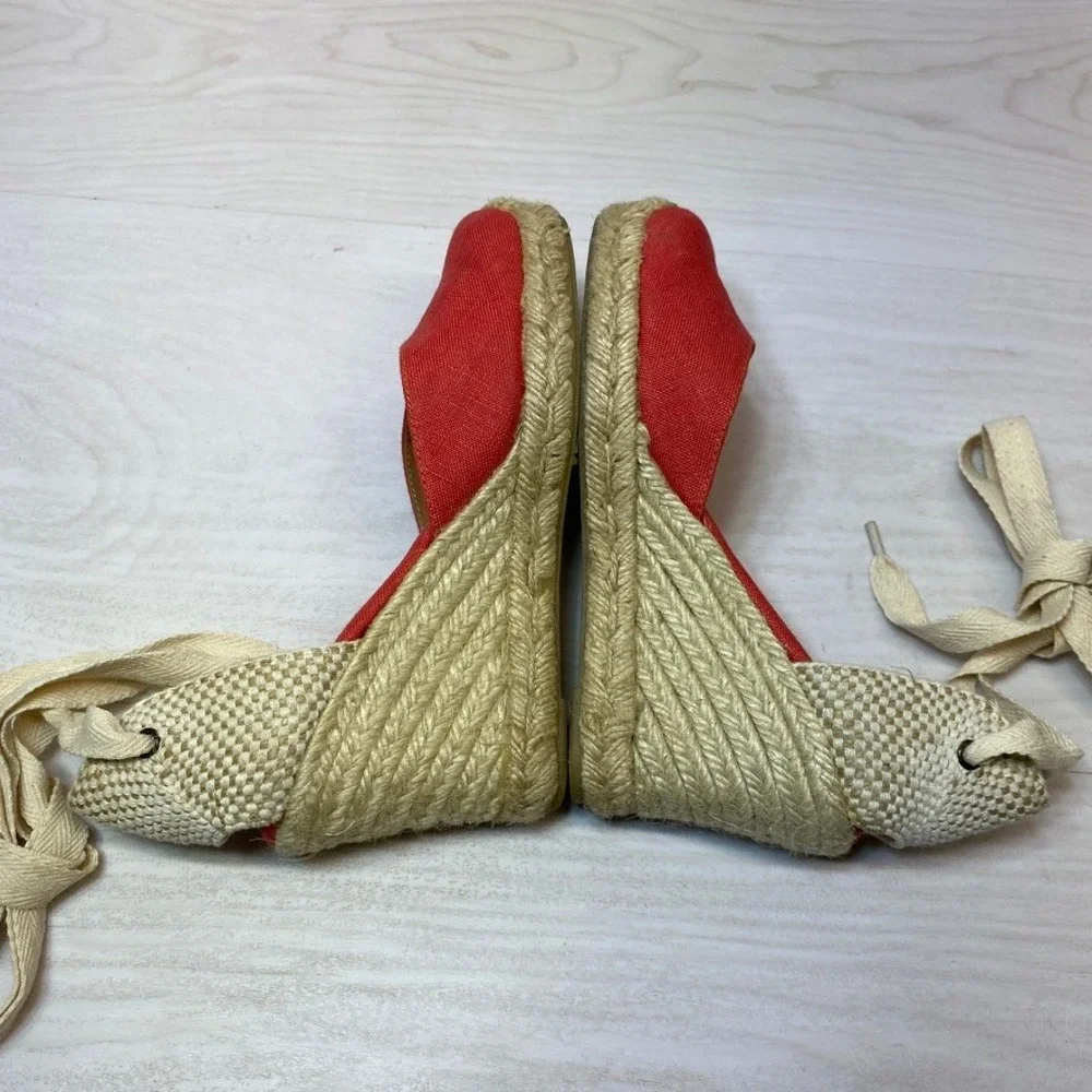 Soludos Womens 6 Espadrille Wedge Sandals Lace Up Red Canvas Jute Made In Spain
